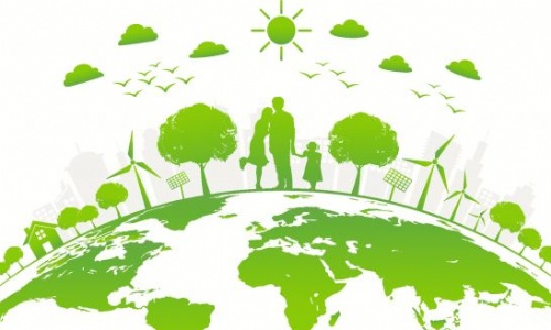 drawing of the earth, with trees, sun, wind turbines and a family standing in teh middle